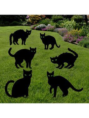 6 Pack Halloween Black Cat Yard Signs with Stakes - Scary Outdoor Decor for Lawn
